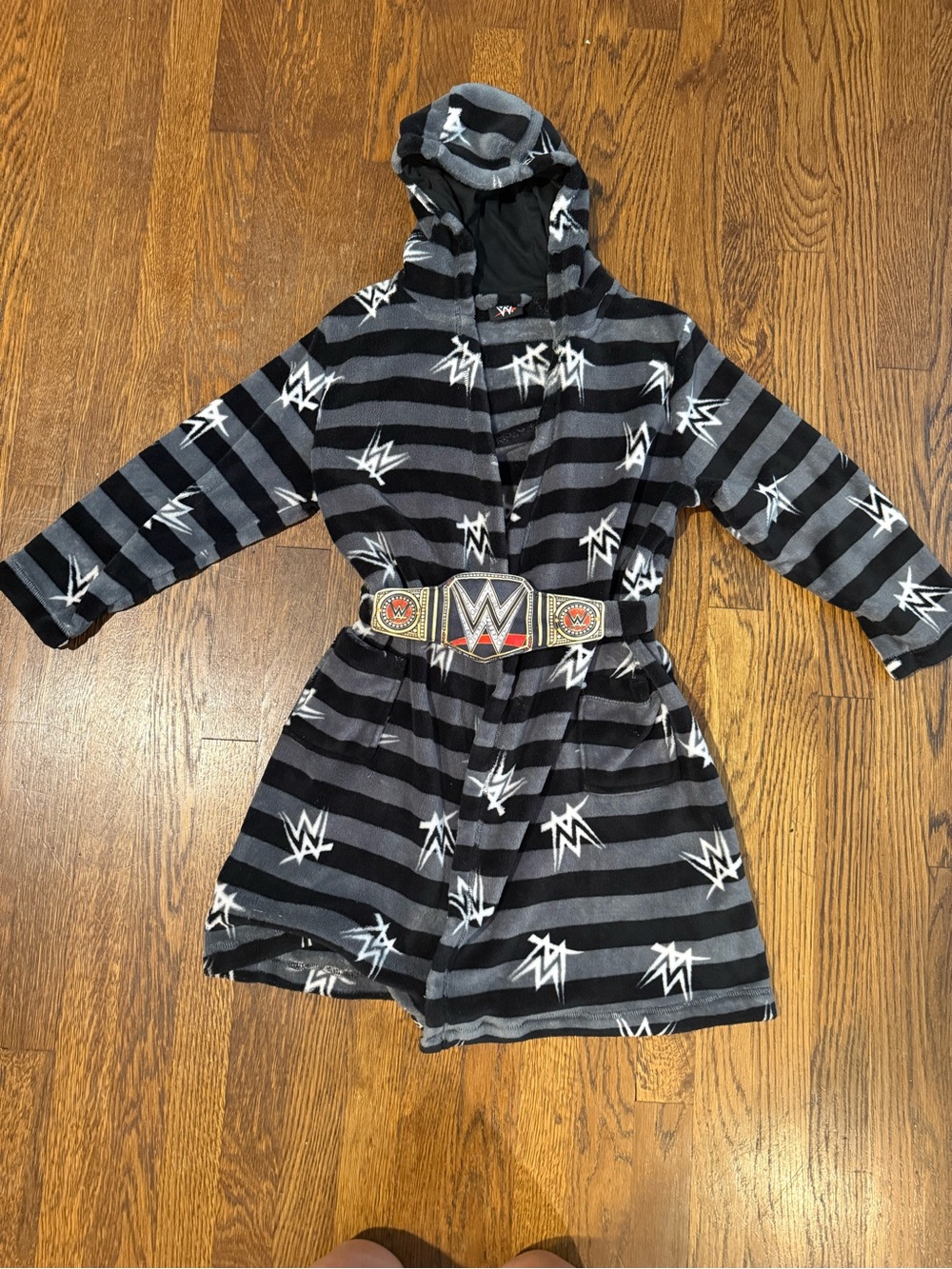 WWE Striped Hooded Robe with Championship Belt - Black & Gray